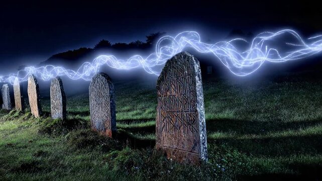 Ethereal Lightning Energy Flows Over Ancient Rune Stones At Night.