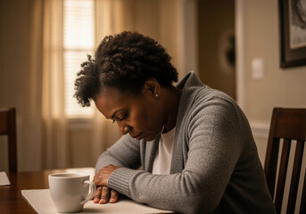 African american woman sitting alone at home, looking down thoughtfully with a cup of coffee on the table during a quiet morning