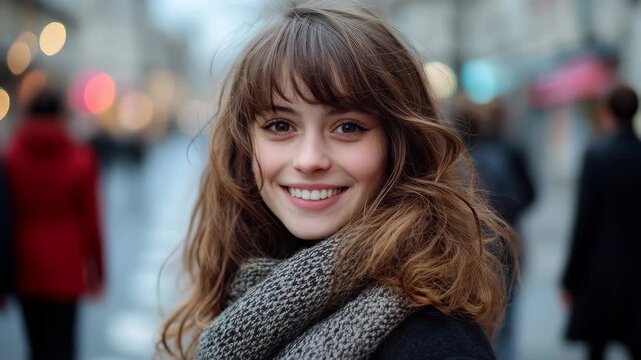 Smiling girl poses on a busy street in Paris during a chilly day, Portrait of a smiling girl on the street in Paris, France