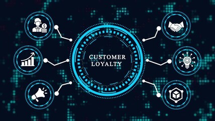 Customer loyalty concept with icons representing customer relationship management, marketing, and business strategy on a dark blue digital background with dots. - Powered by Adobe