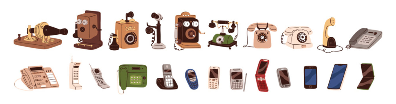Evolution of phones set. Development of smartphones. Different models of old, retro and modern telephones with rotary dials, buttons and touchscreen. Flat isolated vector illustrations on white