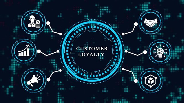 Customer loyalty concept with icons representing customer relationship management, marketing, and business strategy on a dark blue digital background with dots.