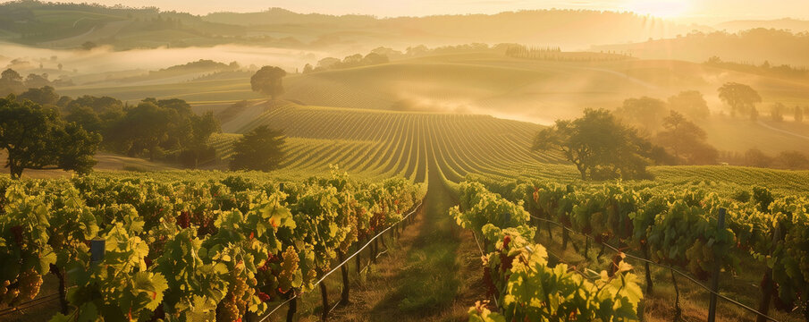 Rows of vineyards on the hills, old wine vines, a country house in the distance, cloudy skies, warm earthy tones,