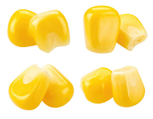 Four close-up views of split corn kernels, vibrant yellow