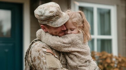 A soldier returns home and shares a heartfelt moment with his daughter. They embrace outside their house, showing the deep connection and joy of family after time apart - Powered by Adobe