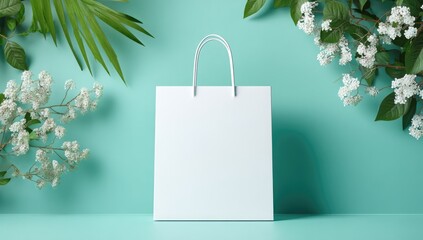 Blank white shopping bag against a mint-green backdrop framed by greenery and white flowers