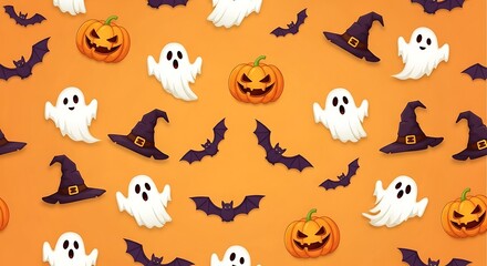 Naklejka premium Spooky Halloween Pattern Ghosts, Bats, Pumpkins, and Witch Hats