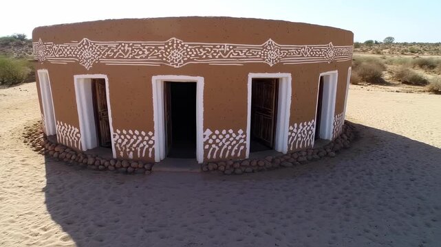 Round adobe building with decorative motifs in a desert landscape