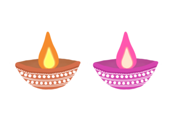 Two decorative diwali lamps isolated on transparent background