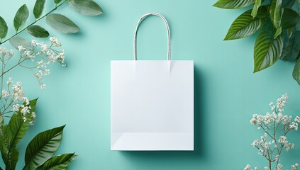 Blank white paper shopping bag surrounded by fresh greenery and small white flowers on a mint-green background