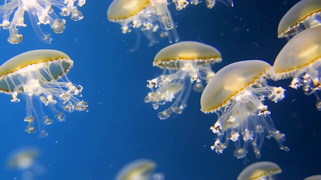 Many jellyfish, pale yellow/white, in a deep blue ocean