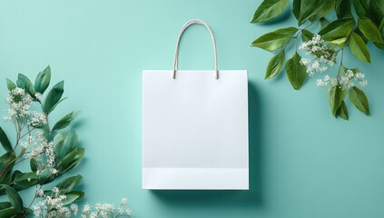 Blank white paper shopping bag on mint background, surrounded by greenery
