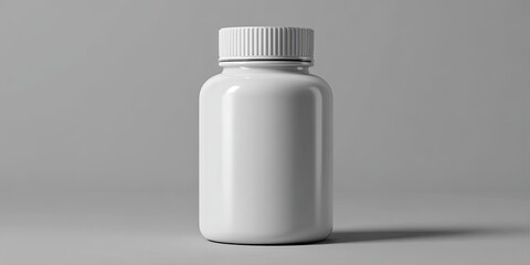 A blank, white plastic pill bottle sits on a gray background.  It is round with a ribbed, white cap.  The bottle is in focus, and the background is out of focus