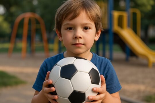 Child Holding Soccer Ball Outdoors