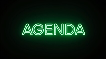 Photorealistic green neon 'AGENDA' text with slightly dimmer glow on dark gray background, original font style and minimal composition