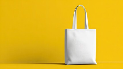 Blank white tote bag against a bright yellow background