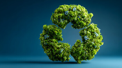 Green recycle symbol made out of green's elements, on blue background with copy space. AI generated
