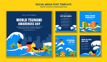 World Tsunami Awareness Day Social Media Post Flat Cartoon Templates Background Illustration