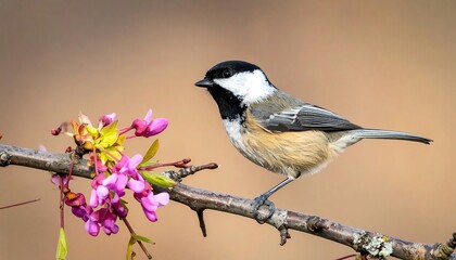 Cute bird on branch with blossoms