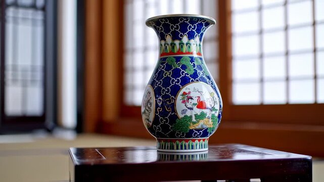 Ornate blue and colorful vase on a dark wooden table