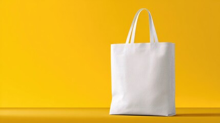 Blank white tote bag against a bright yellow background (1)