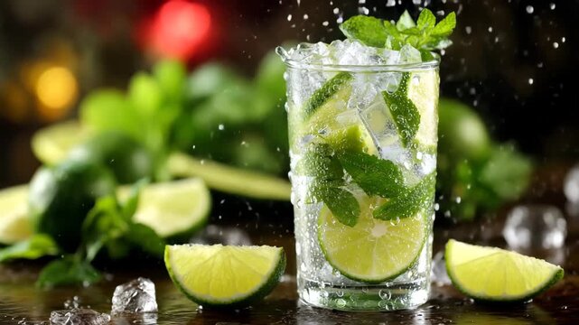 Ice-cold drink filled with mint and lime slices captures the essence of summer. The drink sparkles as cool water droplets form on the glass, creating a refreshing vibe