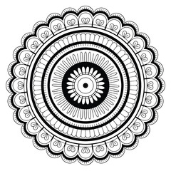 Black and White Circular Mandala Design with Petal Motifs Keywords: mandala, circular, design