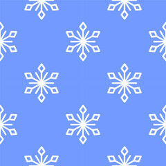 Vector illustration of a seamless snowflake pattern featuring white geometric snowflakes on a vibrant blue background. Ideal for winter themes, textile design, and festive decor.