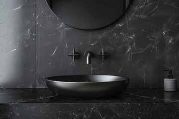Black bathroom interior design, black washbasin and faucet on black marble counter in modern luxury minimal washroom.