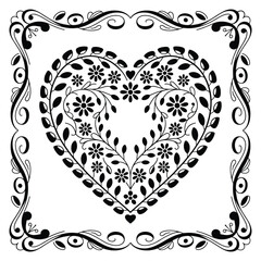 Black and white heart frame with floral and vine embellishments vector illustration