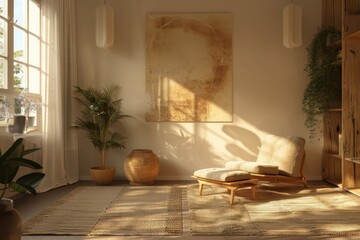 Home interior mock up, cozy modern room with natural wooden furniture, 3d render