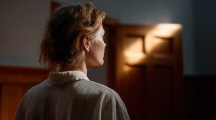 A contemplative Caucasian woman basks in golden sunlight, evoking serenity and introspection akin to Solstice celebrations or Quiet Day