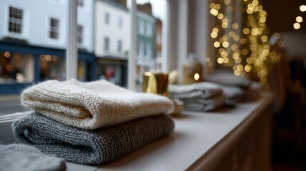 Cozy woolen sweaters rest in a wintry window, inviting warmth and hygge vibes during the festive Yule season