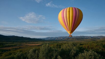 Fototapeta premium Flying lemon-sherbet hot air balloon kisses azure skies, capturing serenity of Balloon Fiesta and whimsical Airborne Festival elegance