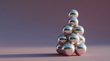 Glistening silver spheres stack into a futuristic pyramid, reminiscent of avant-garde holiday art installations and quirky cosmic symbolism