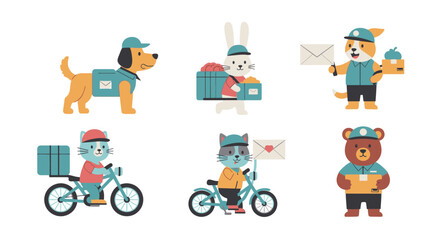 Fototapeta premium Cartoon animals dressed as delivery personnel, carrying packages and mail.
