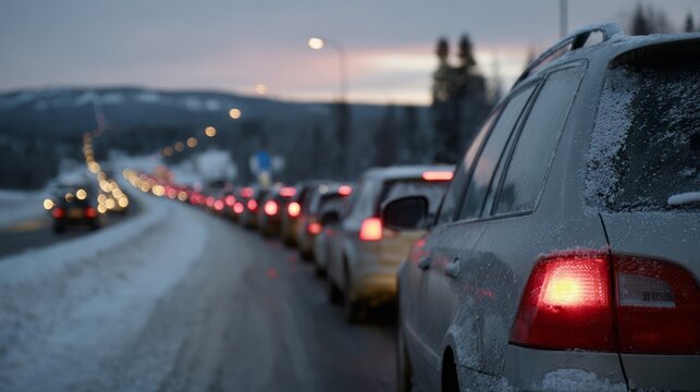 Snow-dusted twilight traffic snake, Nordic winter solstice trek, vehicular symphony of patience, journey under polar twilight whispers