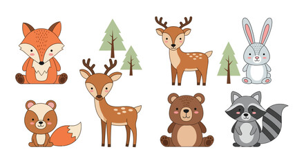 Naklejka premium Adorable cartoon illustrations featuring a fox, deer, rabbit, skunk, bear, and raccoon, with trees.