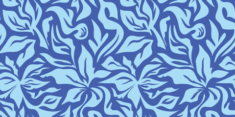 A simple, contemporary, seamless abstract pattern. Hand-drawn textures of blue floral and leaf shapes. A vibrant, repeatable boho print.