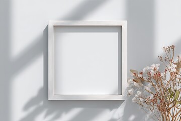 Empty white square frame, light and shadow, dried flowers