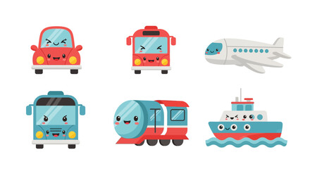 Adorable cartoon transportation icons: car, bus, airplane, train, and boat with happy faces.