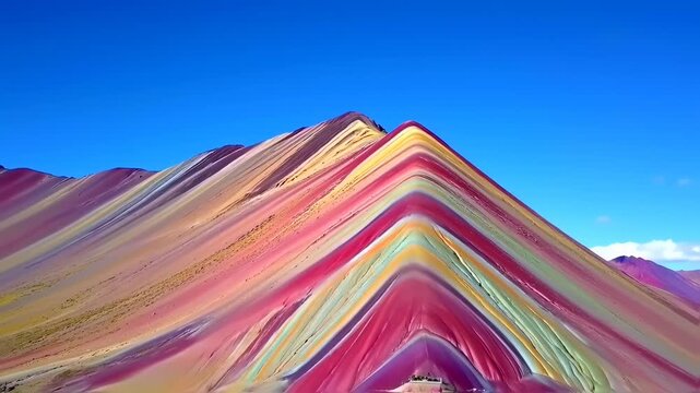 Vibrant, layered mountain against a clear blue sky