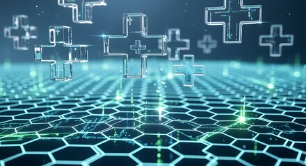 Floating plus signs above a hexagonal grid create a futuristic technology scene