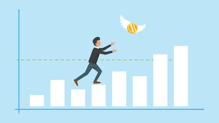 Man try to earn money, bar graphs with increasing value, flying coin, business and finance