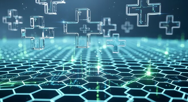 Floating plus signs above a hexagonal grid create a futuristic technology scene