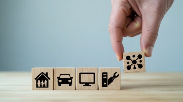 Smart home and automated network integration concept. A hand adds a wooden block to a row with home, car, computer, and server icon