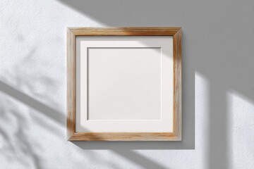 Empty light beige wooden frame on a light gray wall. Sunlight casts shadows