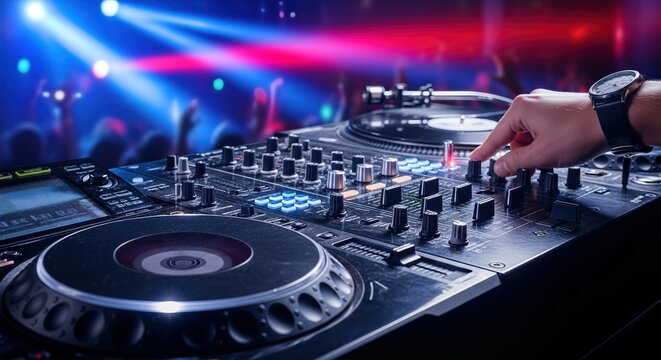 DJ Mixer and Turntable in Nightclub with Colorful Lights