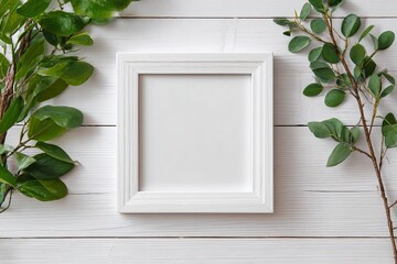 White frame, greenery, light wood background