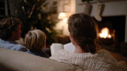 Cozy family storytelling by fireside, Nordic holiday warmth, enchanting yule tales, candid hygge embrace, intimate festive gathering